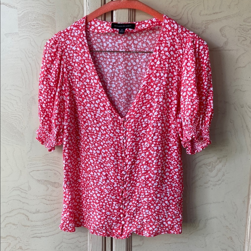 Banana Republic Orange and White Ruched Blouse